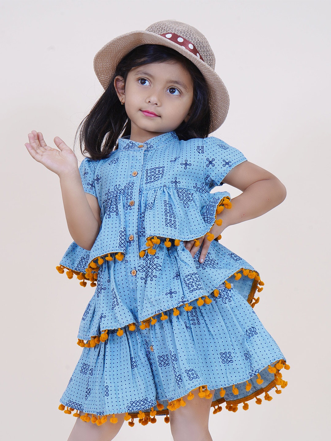 

Little Carrot Girls Ethnic Motifs Printed Layered & Pom Pom Denim Shirt Dress, Blue