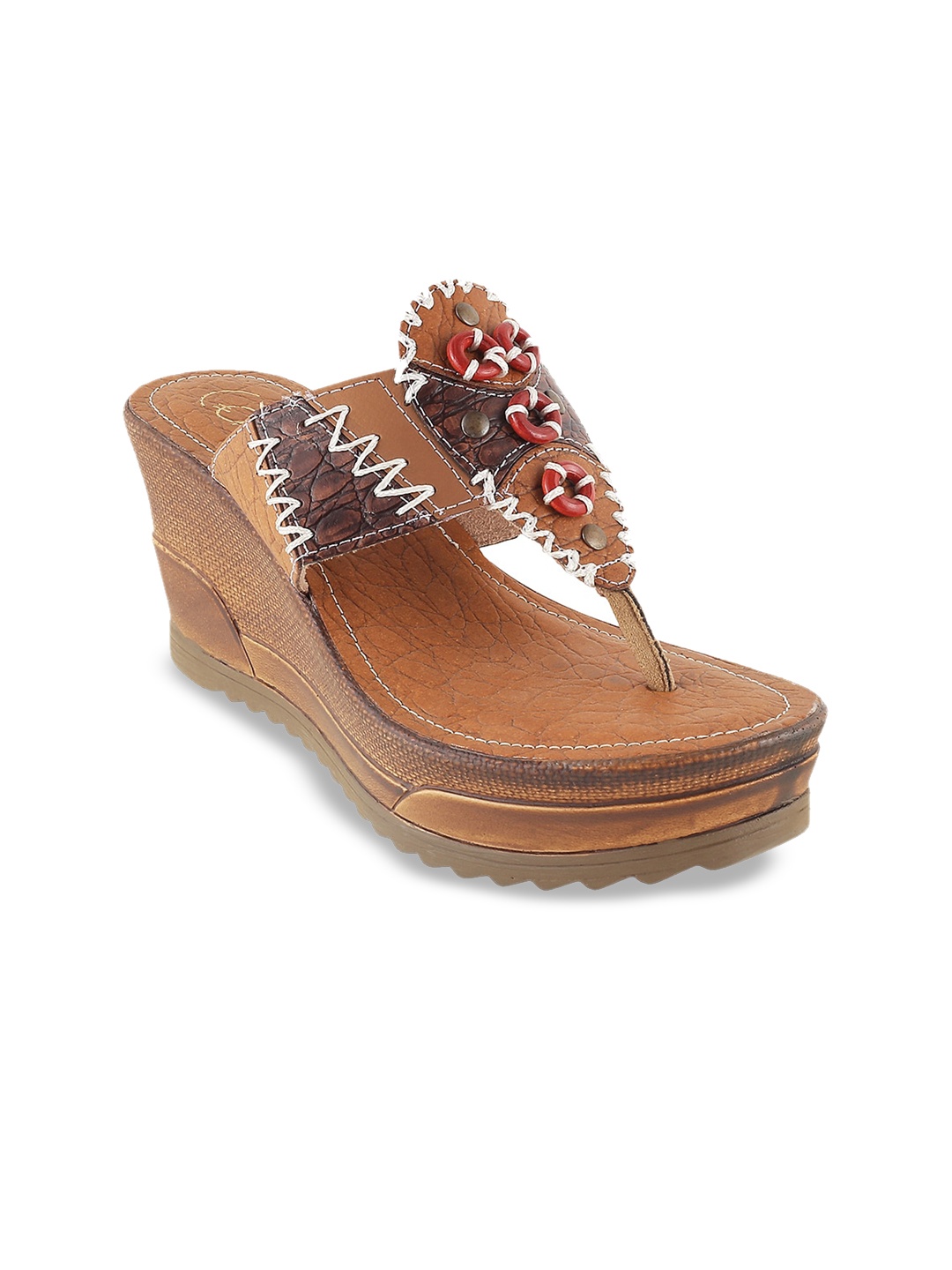 

Catwalk Textured Embellished Leather Open Toe Wedges, Brown