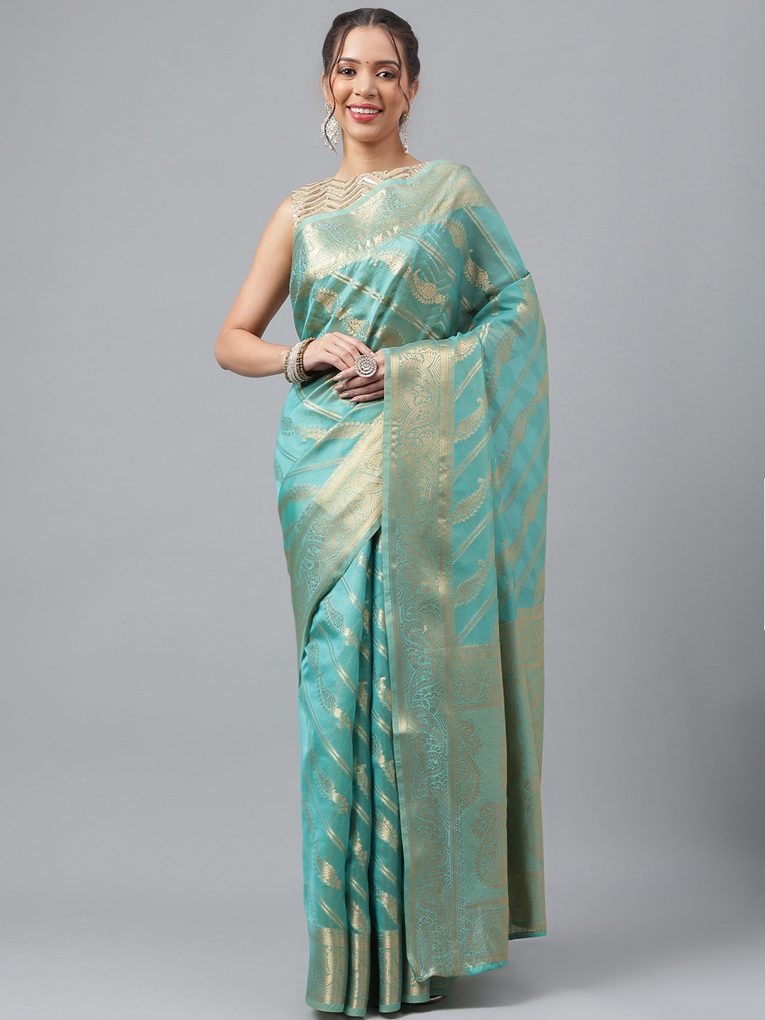 

PRASTHAN Ethnic Motif Woven Design Zari Organza Kanjeevaram Saree, Sea green