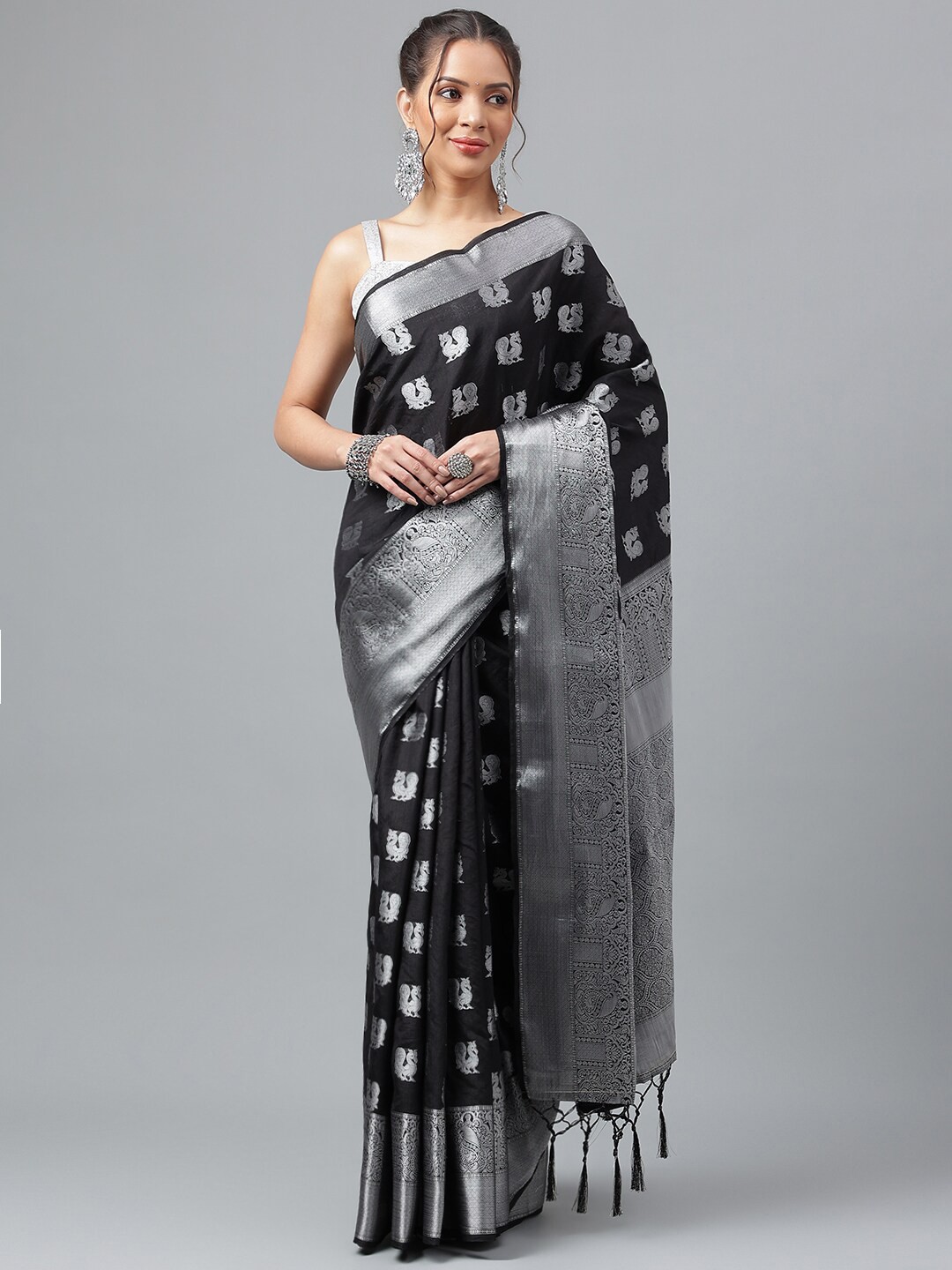 

PRASTHAN Ethnic Motifs Woven Design Zari Silk Cotton Kanjeevaram Saree, Black