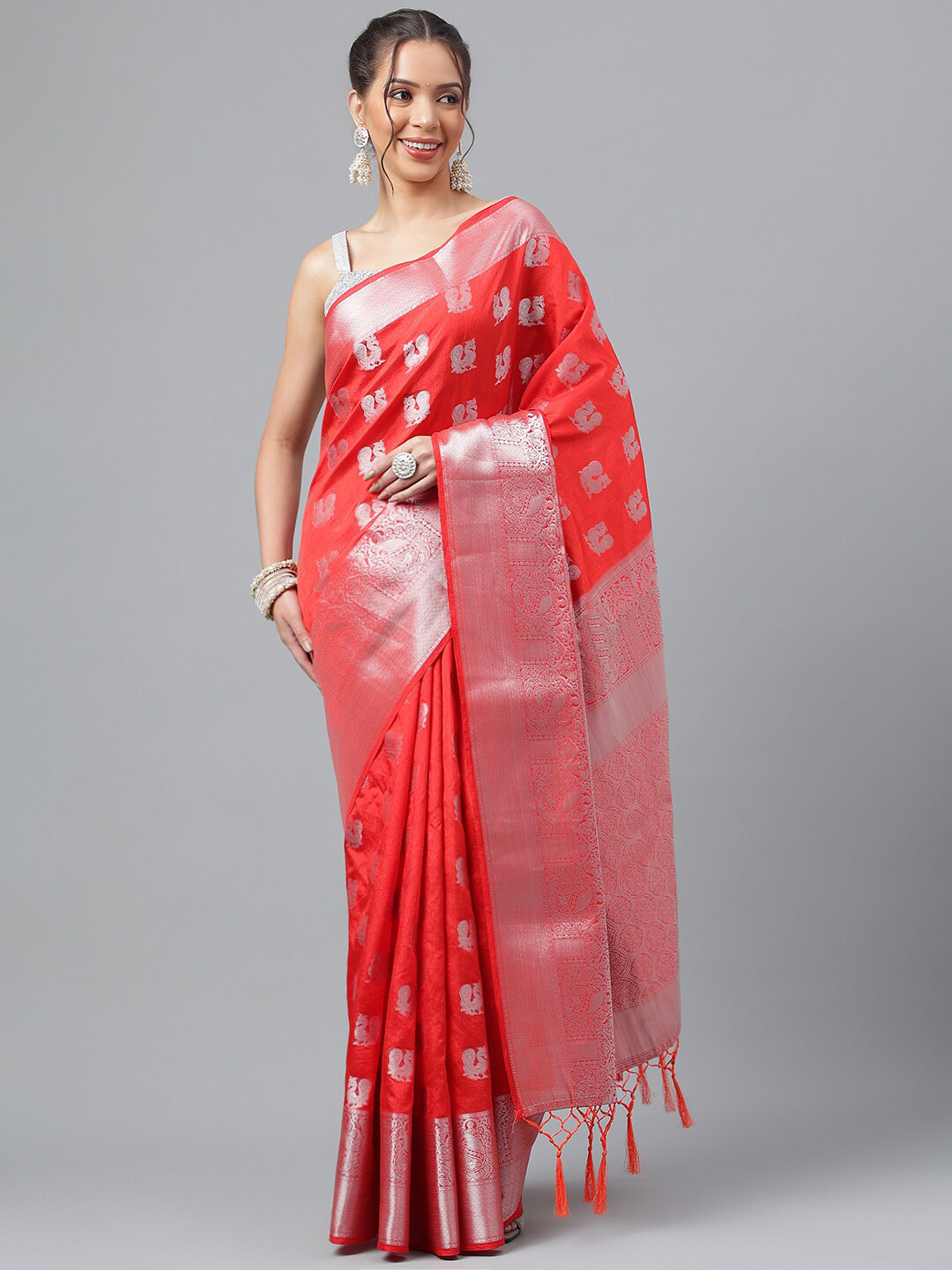 

PRASTHAN Ethnic Motifs Woven Design Zari Silk Cotton Kanjeevaram Saree, Red