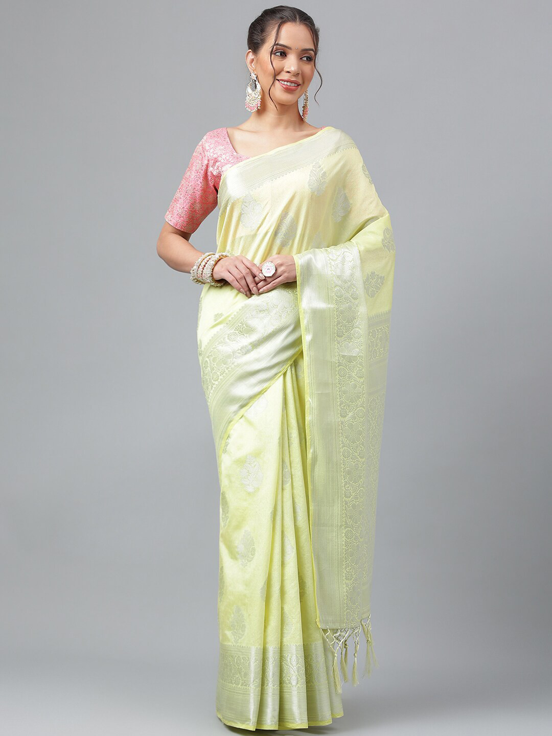 

PRASTHAN Ethnic Motif Woven Design Zari Silk Cotton Kanjeevaram Saree, Lime green