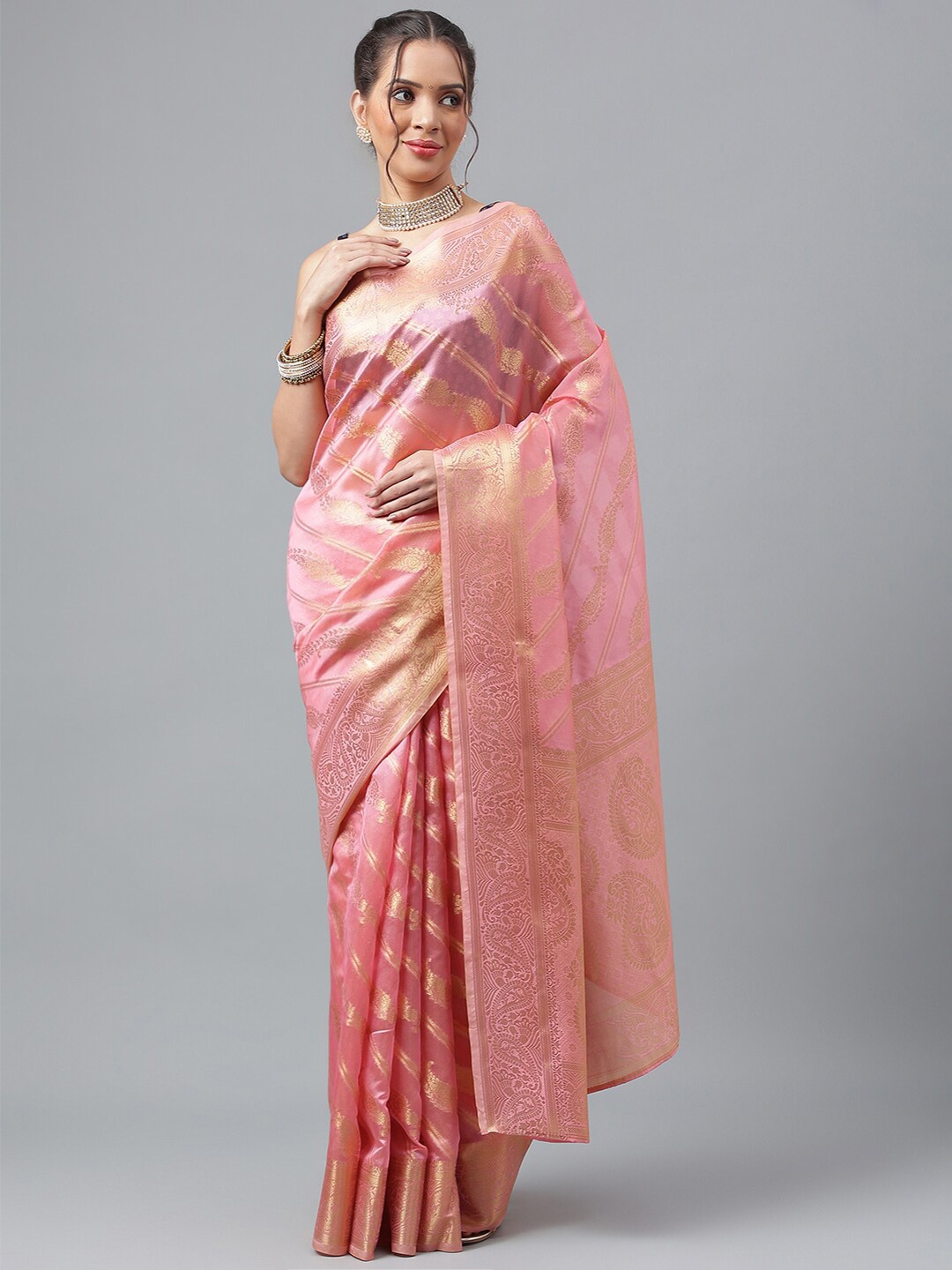 

PRASTHAN Ethnic Motif Woven Design Zari Organza Kanjeevaram Saree, Pink