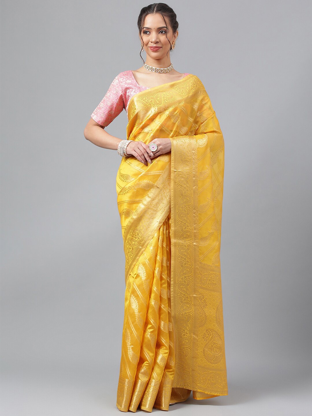 

PRASTHAN Ethnic Motif Woven Design Zari Organza Kanjeevaram Saree, Gold