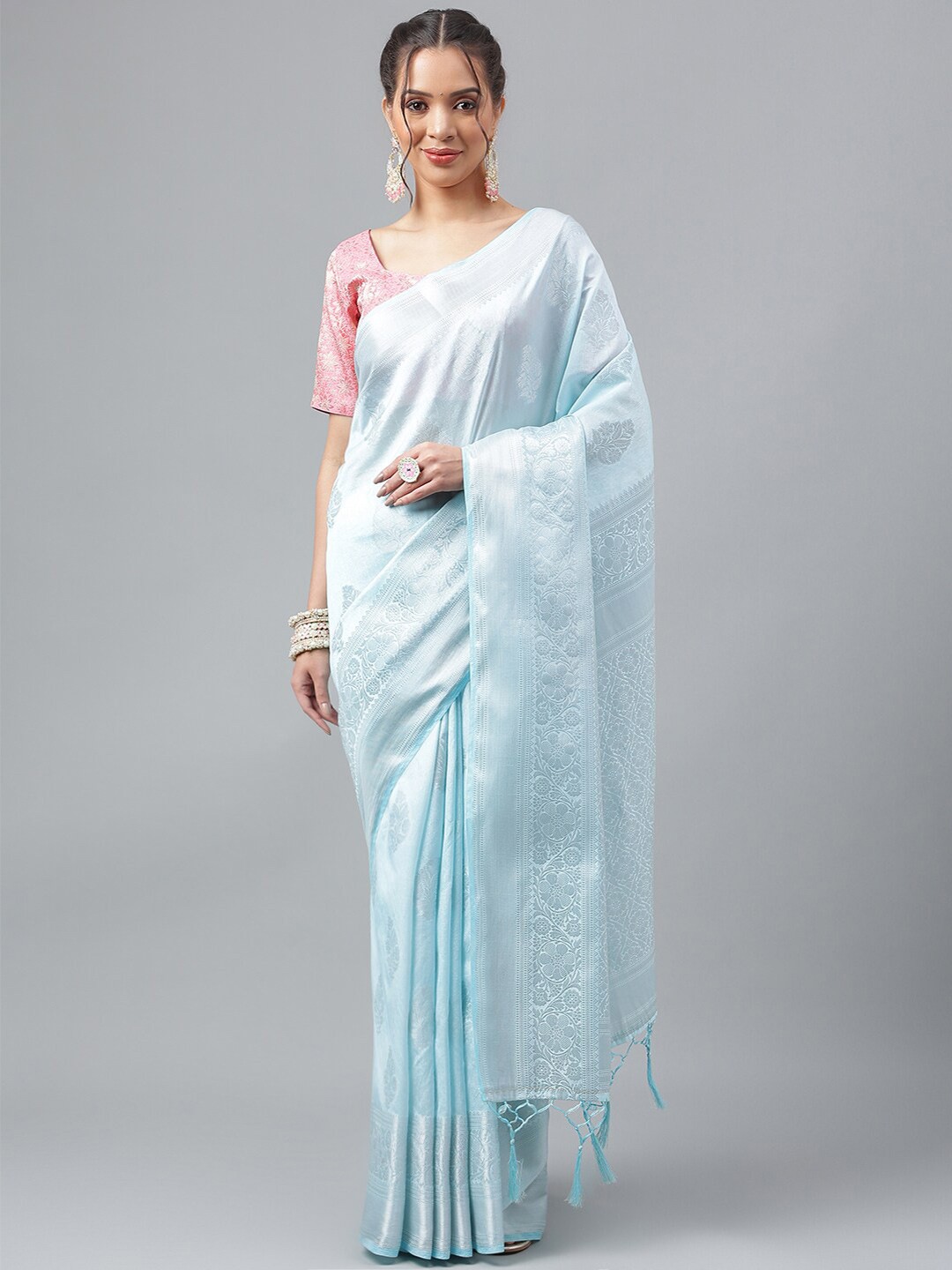

PRASTHAN Ethnic Motif Woven Design Zari Silk Cotton Designer Kanjeevaram Saree, Turquoise blue