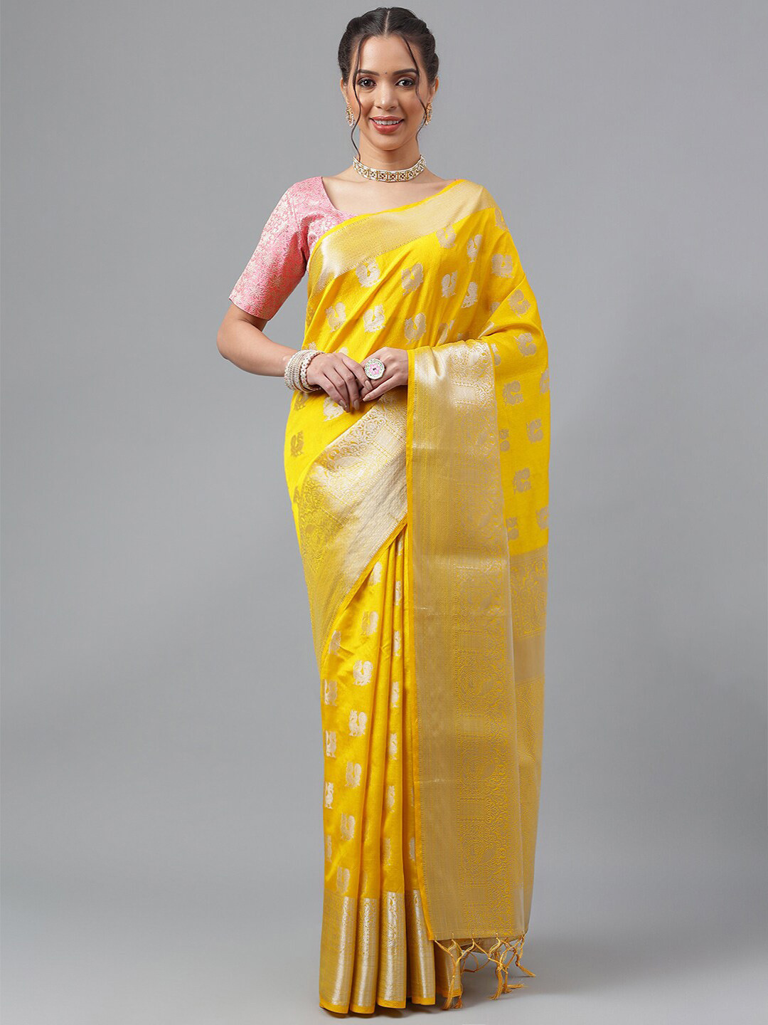 

PRASTHAN Ethnic Motif Woven Design Zari Silk Cotton Kanjeevaram Saree, Yellow