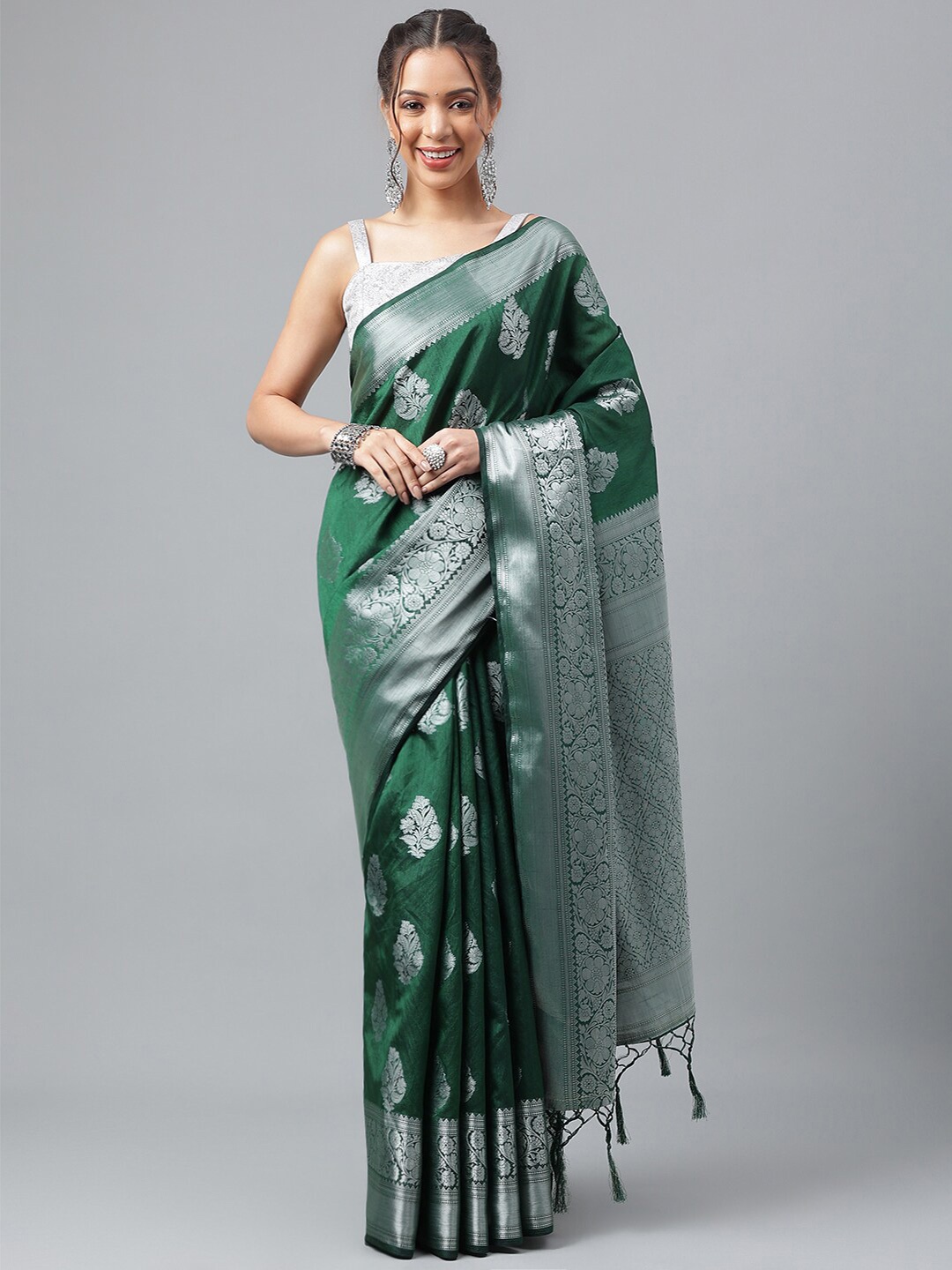 

PRASTHAN Ethnic Motifs Woven Design Zari Silk Cotton Kanjeevaram Saree, Green