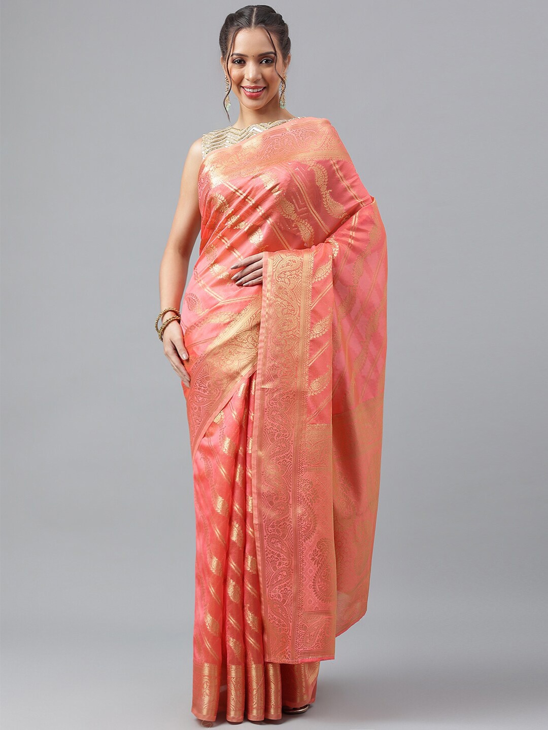 

PRASTHAN Ethnic Motifs Woven Design Zari Organza Kanjeevaram Saree, Peach