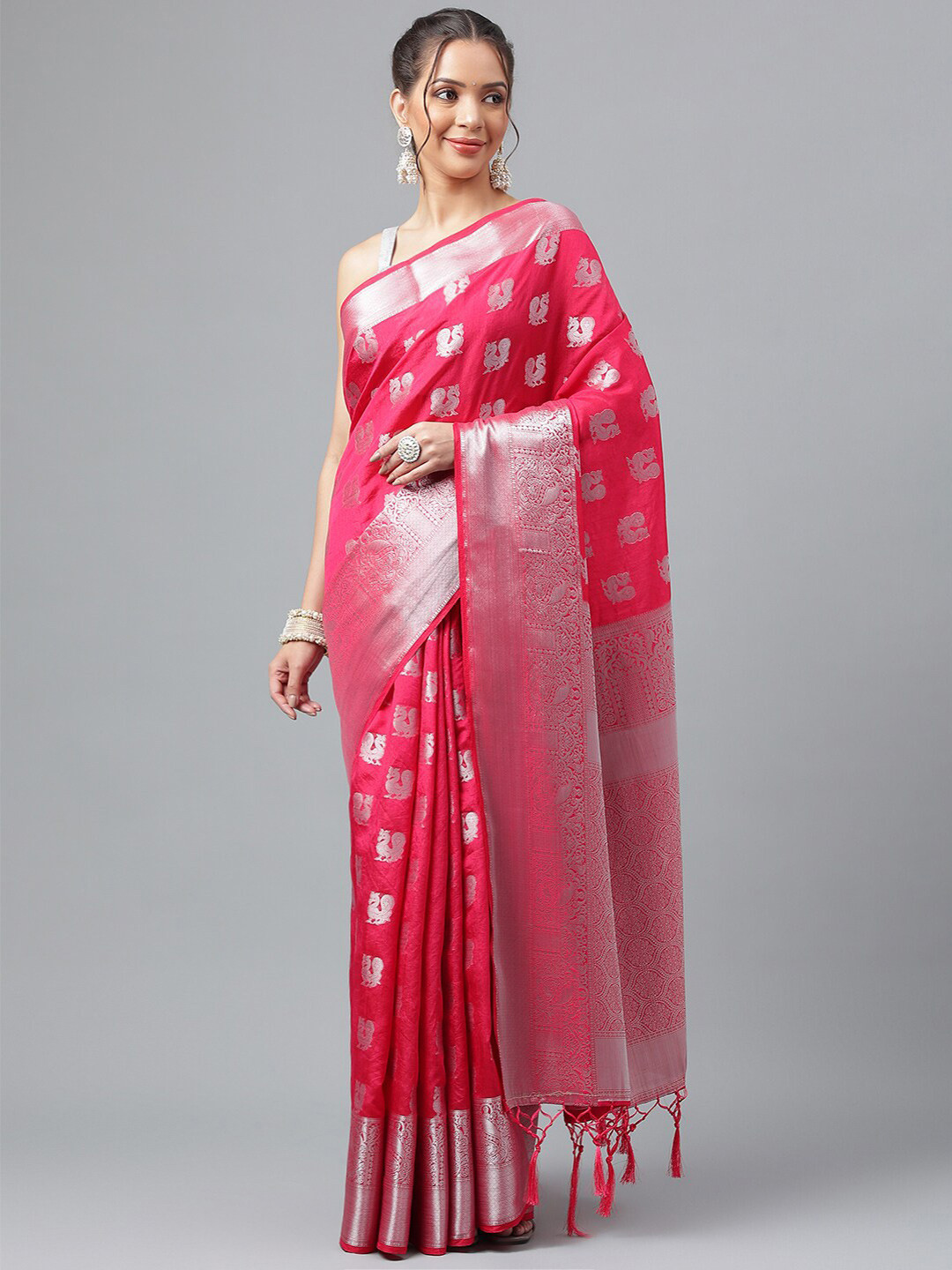 

PRASTHAN Ethnic Motifs Woven Design Zari Silk Cotton Kanjeevaram Saree, Magenta