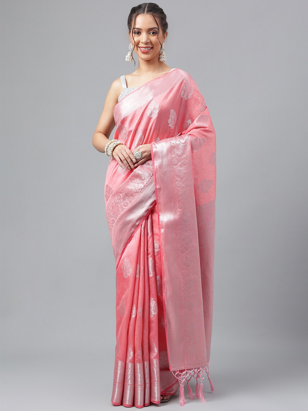 

PRASTHAN Ethnic Motif Woven Design Zari Silk Cotton Kanjeevaram Saree, Pink