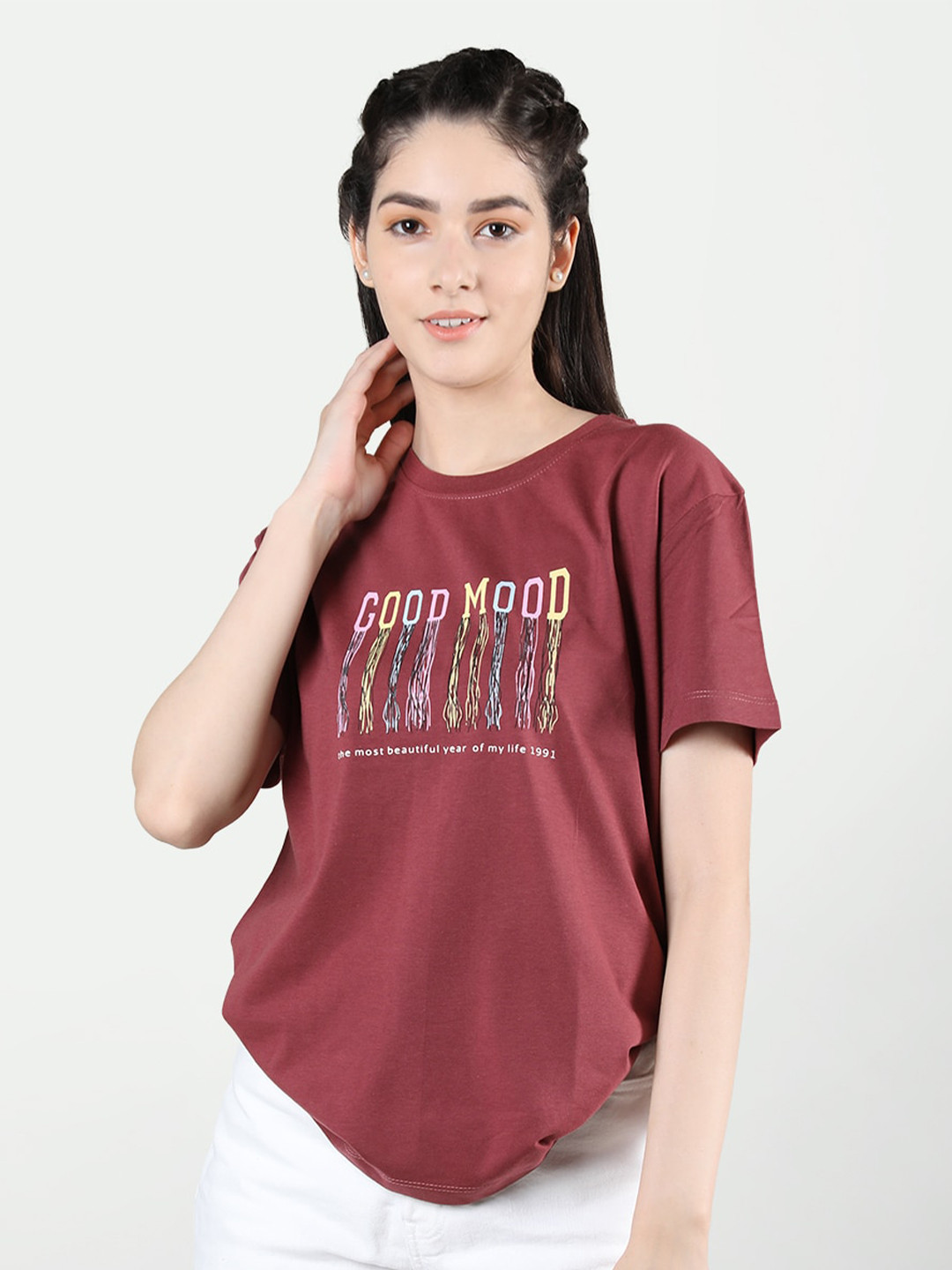 

Plagg Typography Printed Round Neck Cotton T-shirt, Mauve