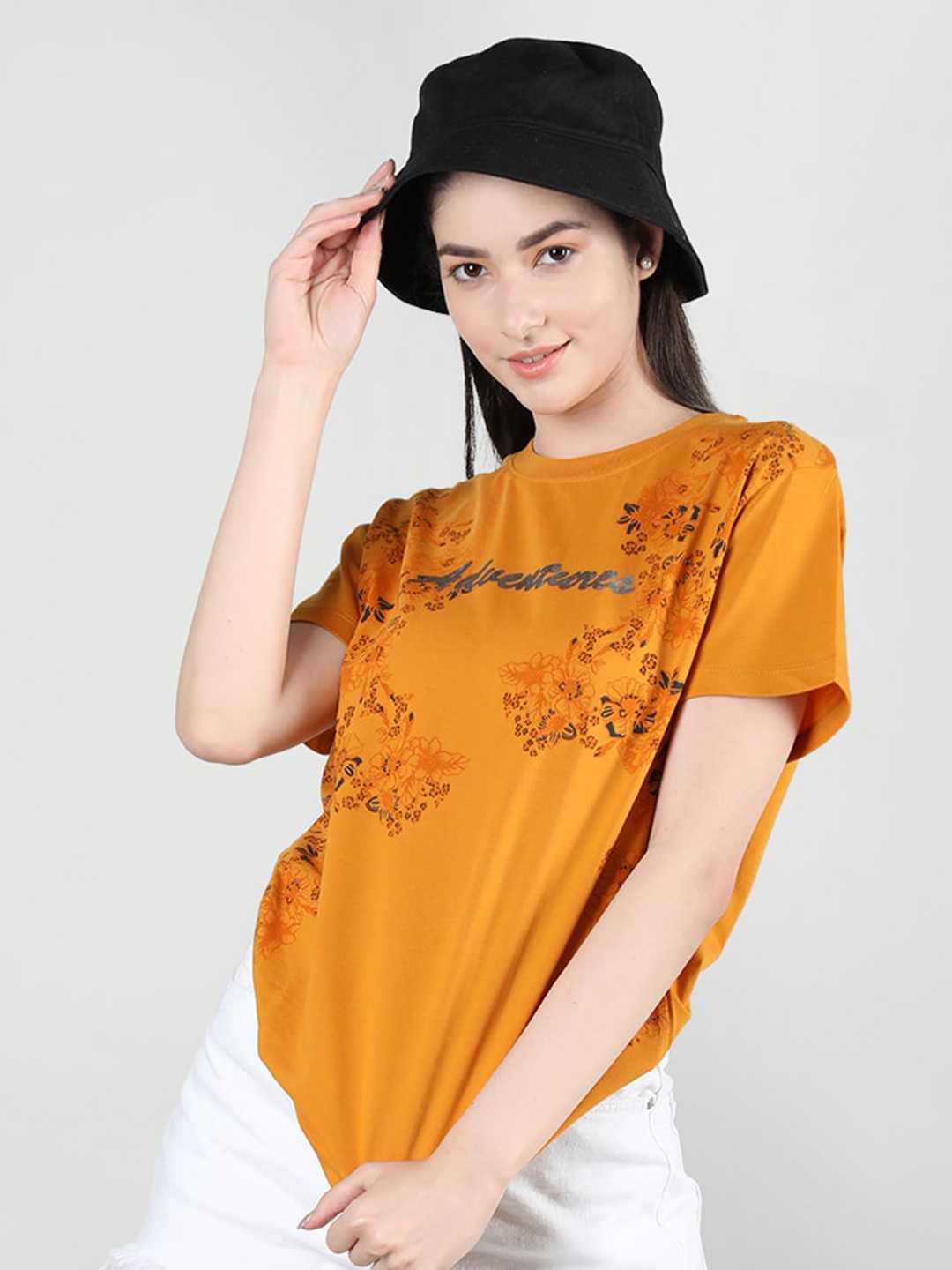 

Plagg Floral Printed Round Neck Cotton T-shirt, Mustard