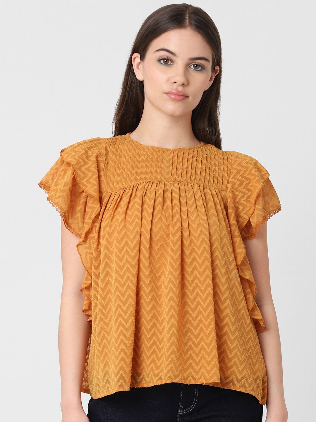 

ONLY Flutter Sleeves Lace Detail Cotton Top, Yellow