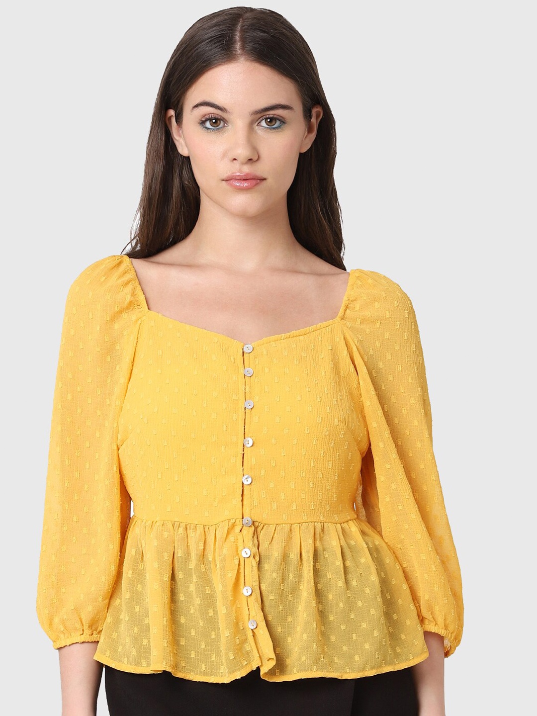 

ONLY Sweetheart Neck Self Design Gathered Puff Sleeves Top, Yellow