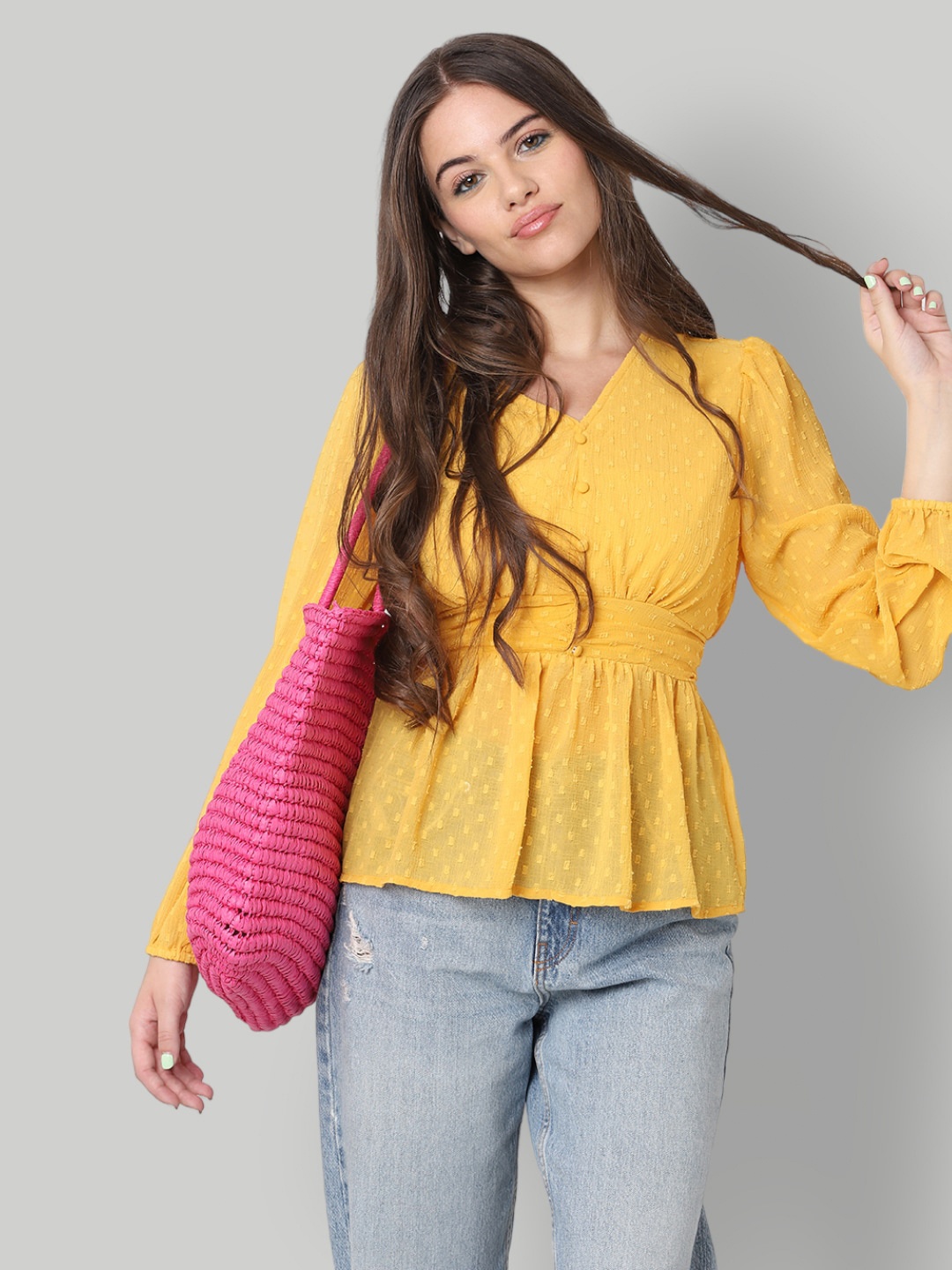

ONLY Self Design Puff Sleeves Cinched Waist Top, Yellow