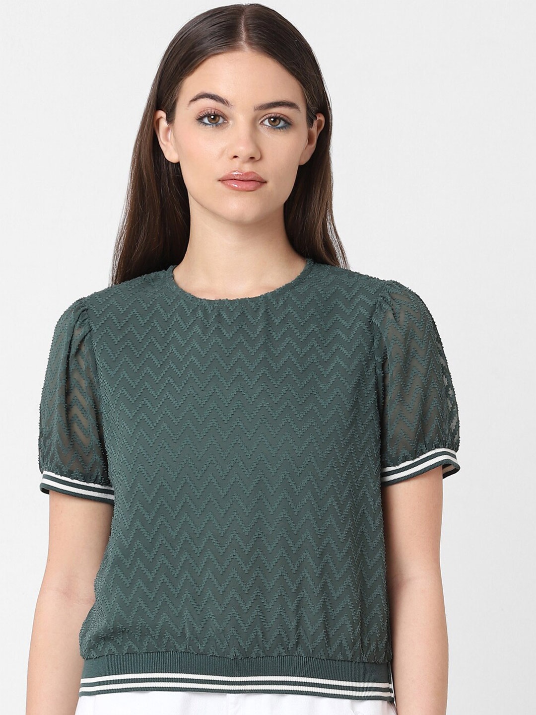 

ONLY Self Design Puff Sleeves Cotton Top, Green