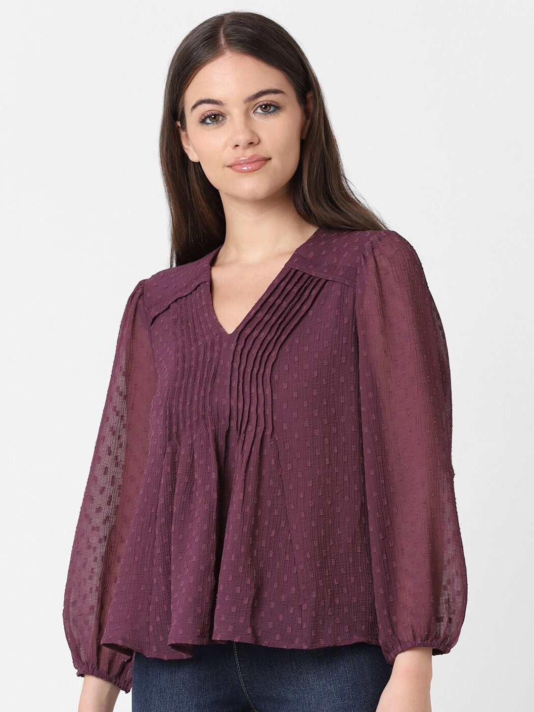 

ONLY Self Design V-Neck Puff Sleeves Pleated Top, Purple