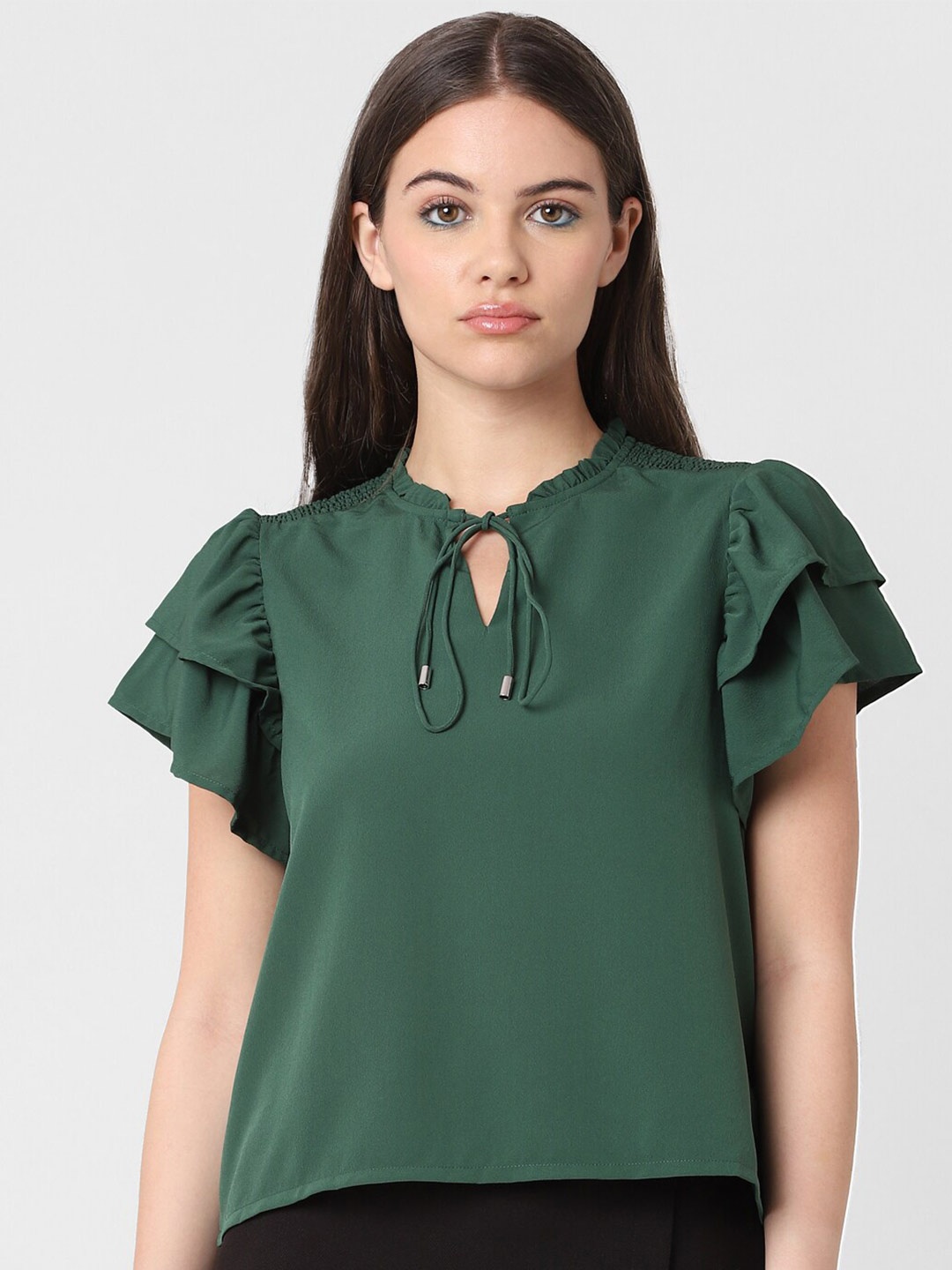 

ONLY Tie- Ups Neck Flutter Sleeves Top, Green