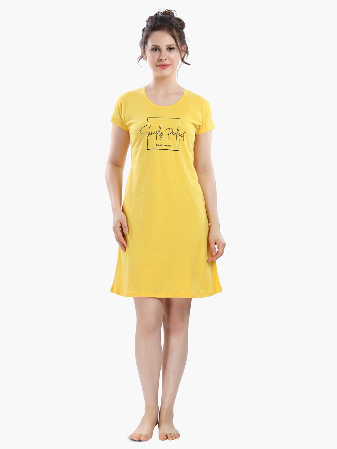 

DZZO Typography Printed Pure Cotton Nightdress, Yellow