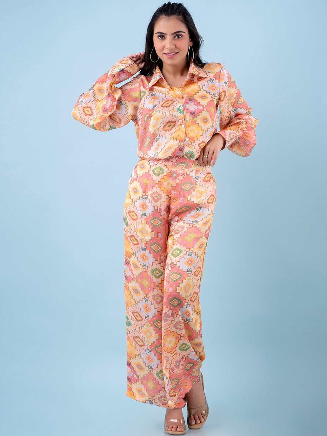 

Kohsh Geometric Printed Shirt With Flared Palazzos Co-Ords, Yellow