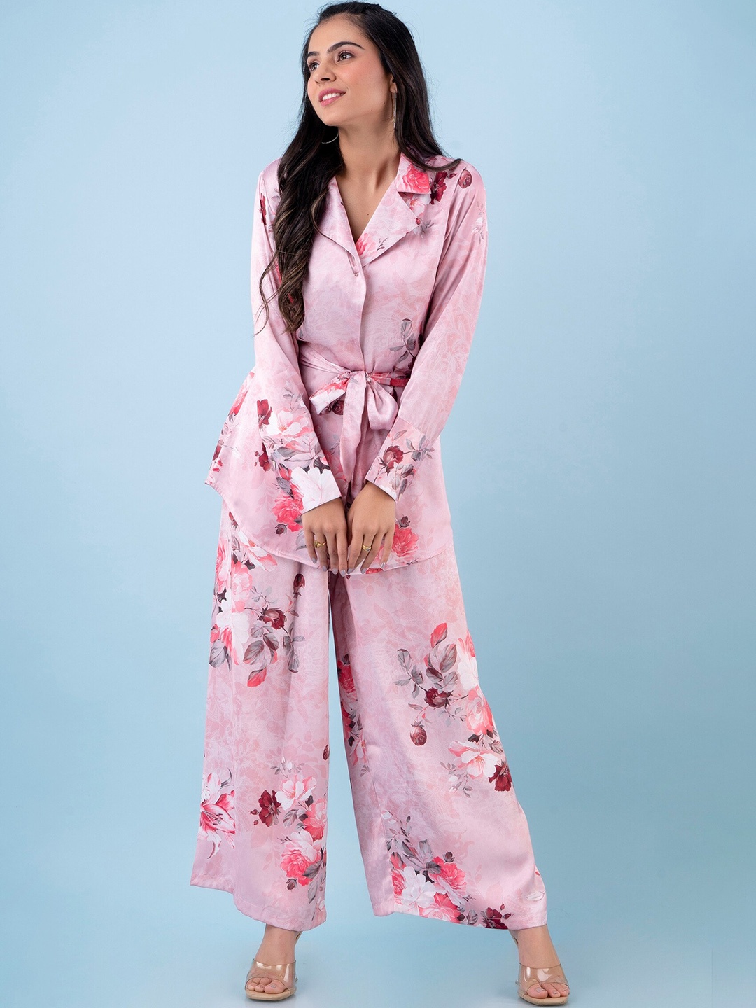 

Kohsh Floral Printed Notched Lapel Collar Shirt With Palazzos Co-Ords, Pink