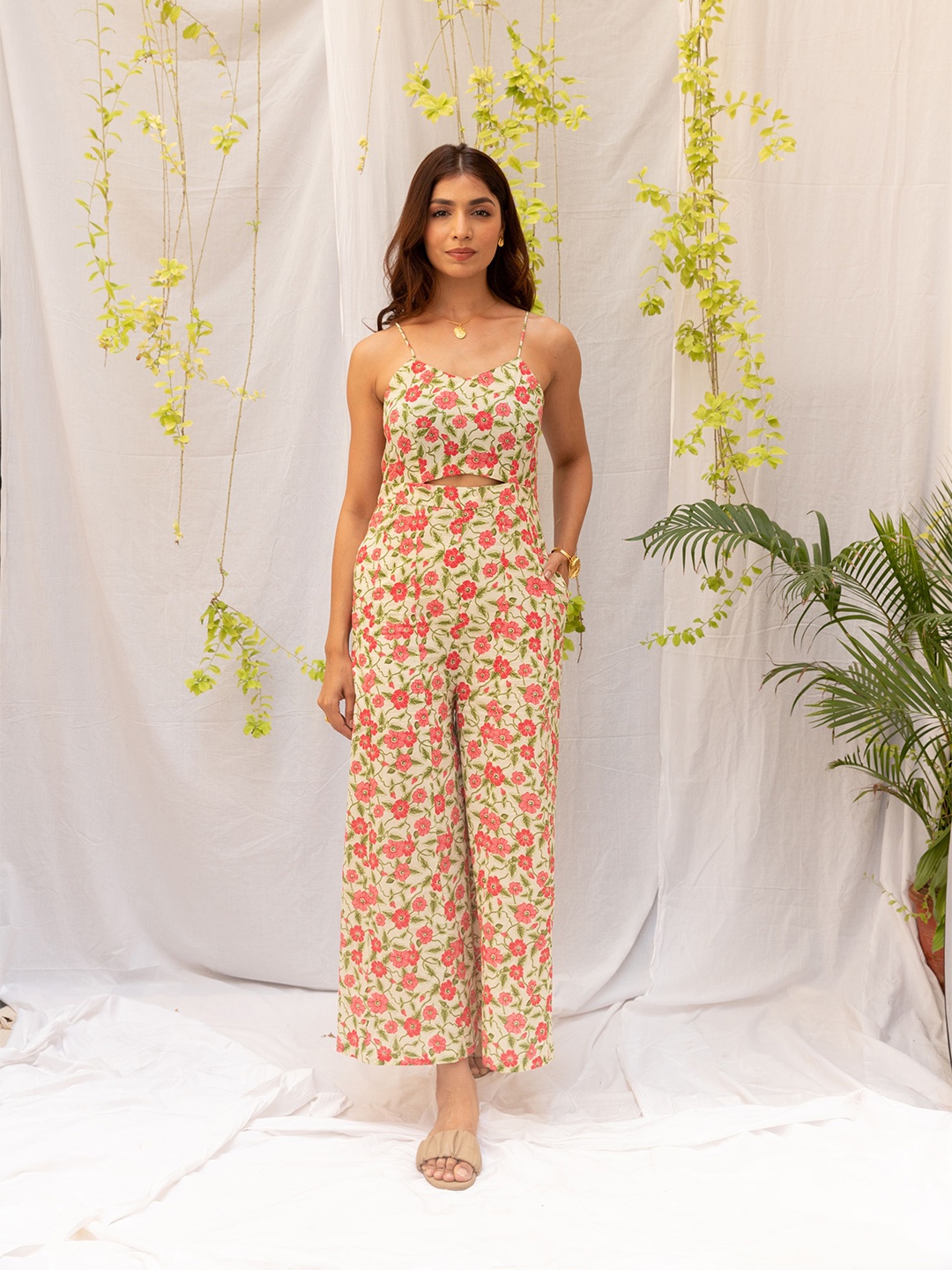 

Kohsh Floral Printed Pure Cotton Basic Jumpsuit, Cream
