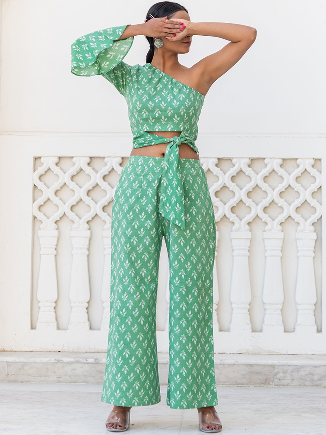 

Kohsh Printed One-Shoulder Pure Cotton Crop Top With Palazzos Co-Ords, Green