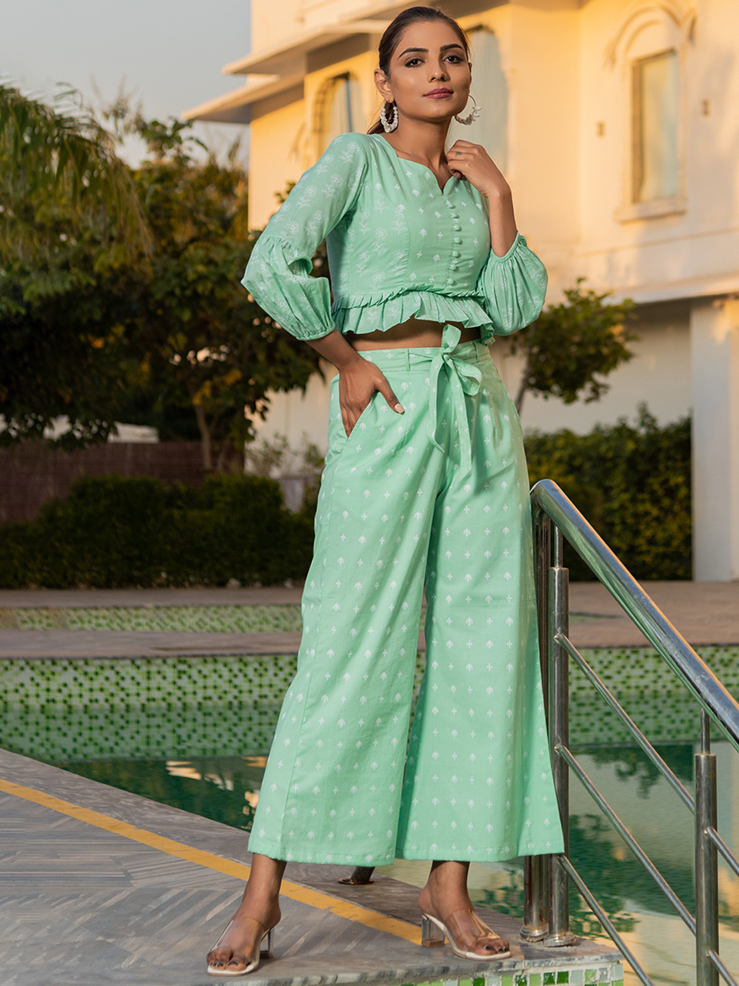 

Kohsh Printed Pure Cotton Top & Flared Palazzo Co-Ords, Green