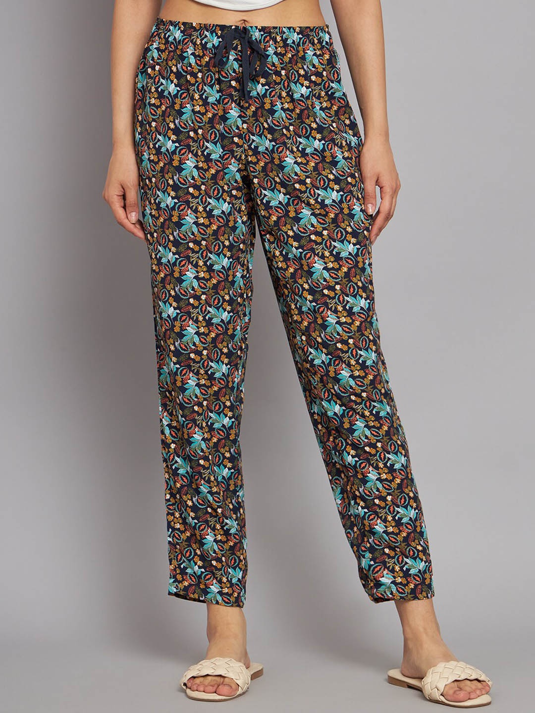 

NoBarr Women Floral Printed Elastic waistband Trouser, Navy blue