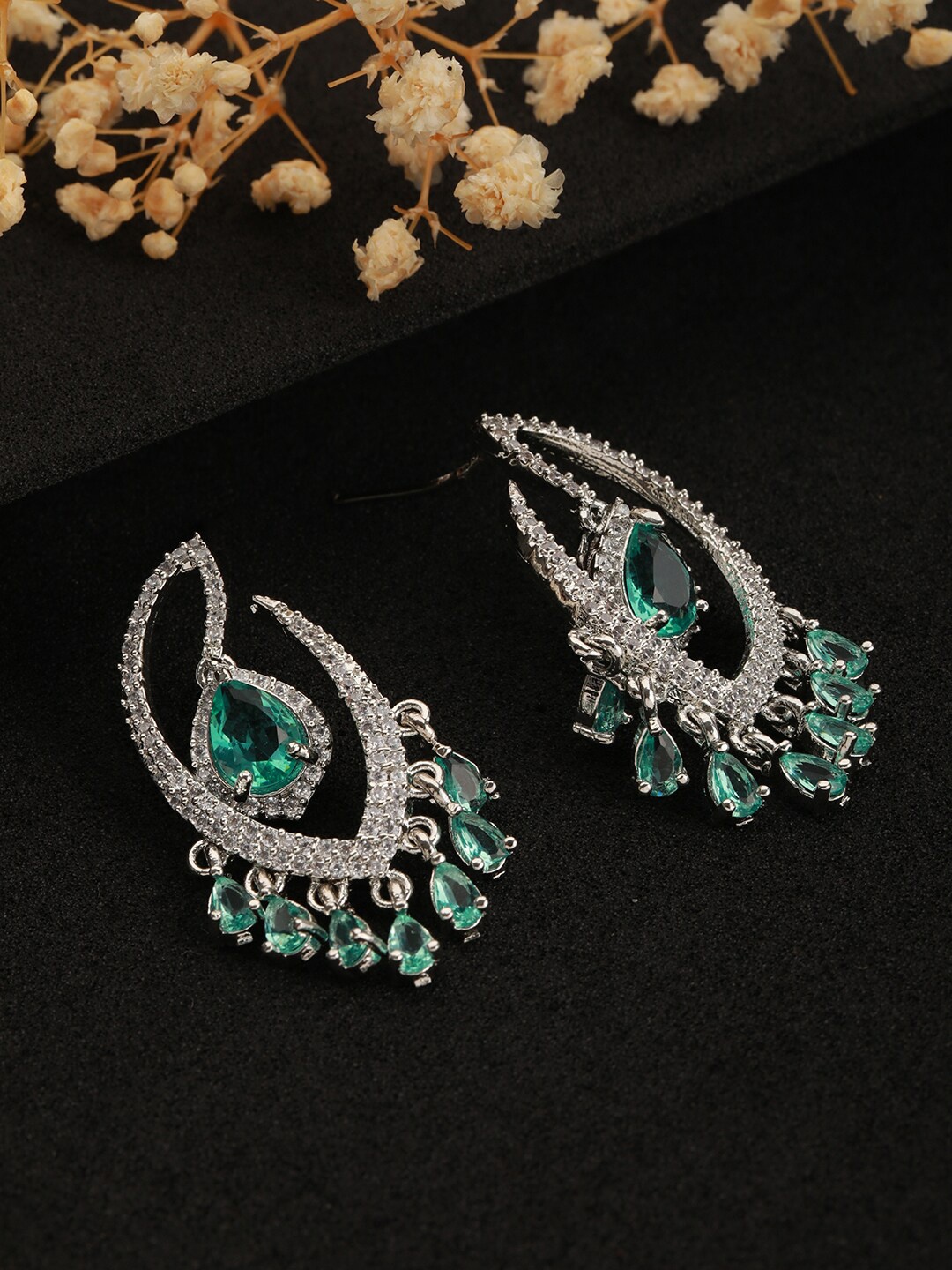 

Jazz and Sizzle Rhodium Plated AD Studded Drop Earrings, Silver