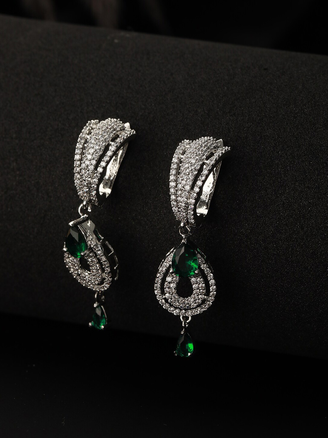 

Jazz and Sizzle Silver-Plated Teardrop Shaped AD Studded Drop Earrings