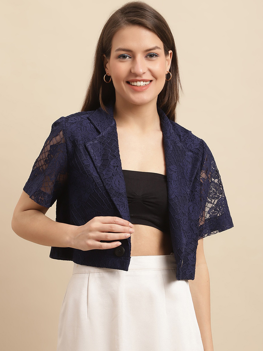 

Just Wow Lightweight Self Design Crop Open Front Cotton Jacket, Navy blue