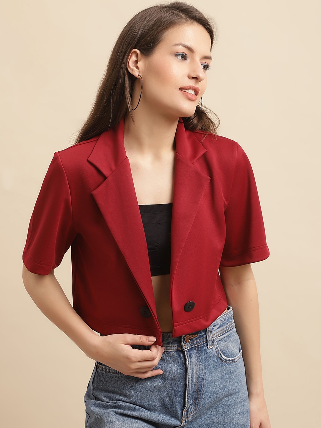 

Just Wow Lightweight Crop Open Front Cotton Jacket, Maroon