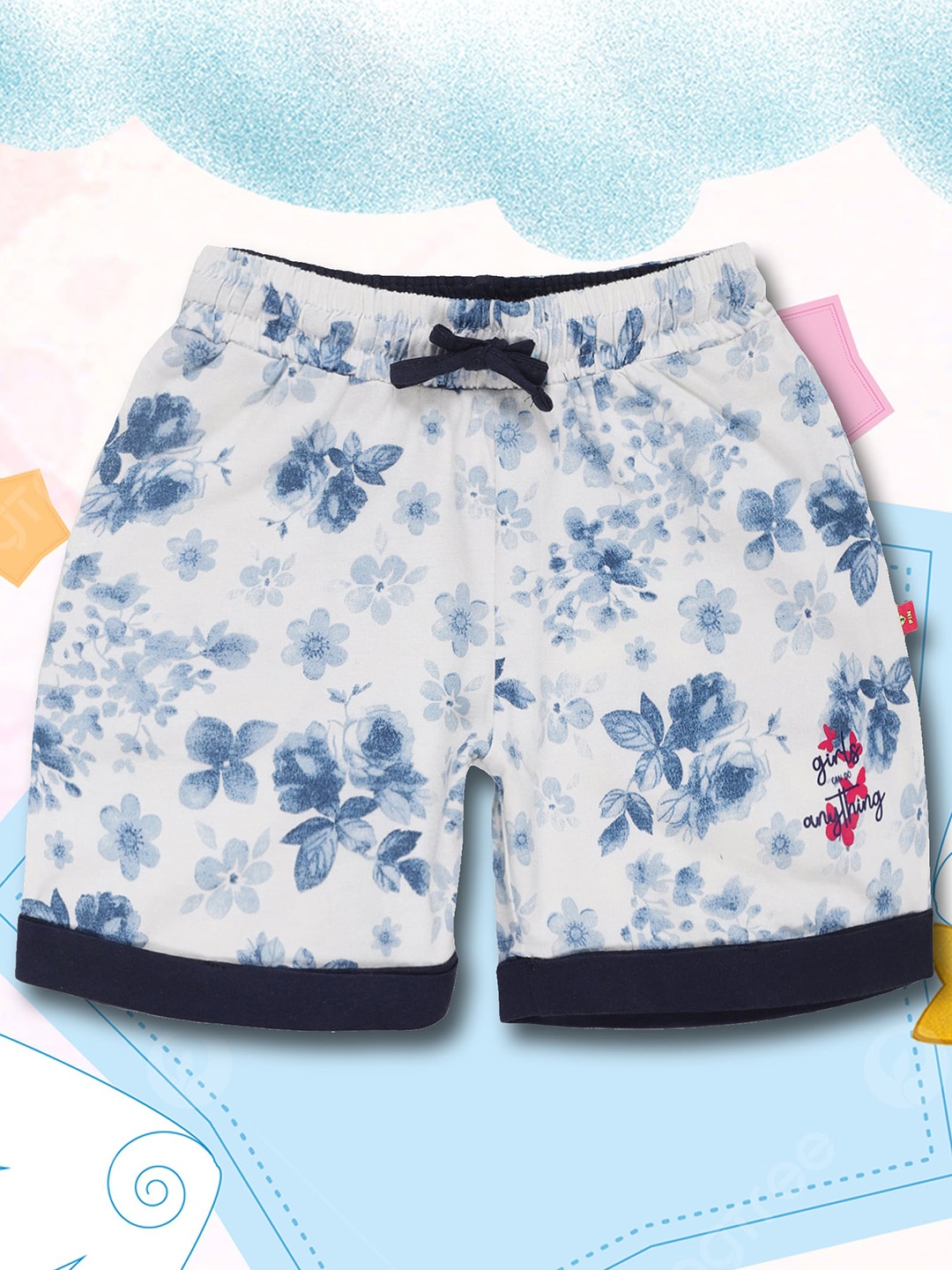 

3PIN Girls Floral Printed Cotton Shorts, White
