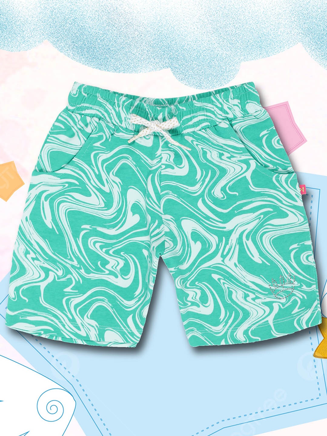 3PIN Girls Abstract Printed Cotton Shorts, Green