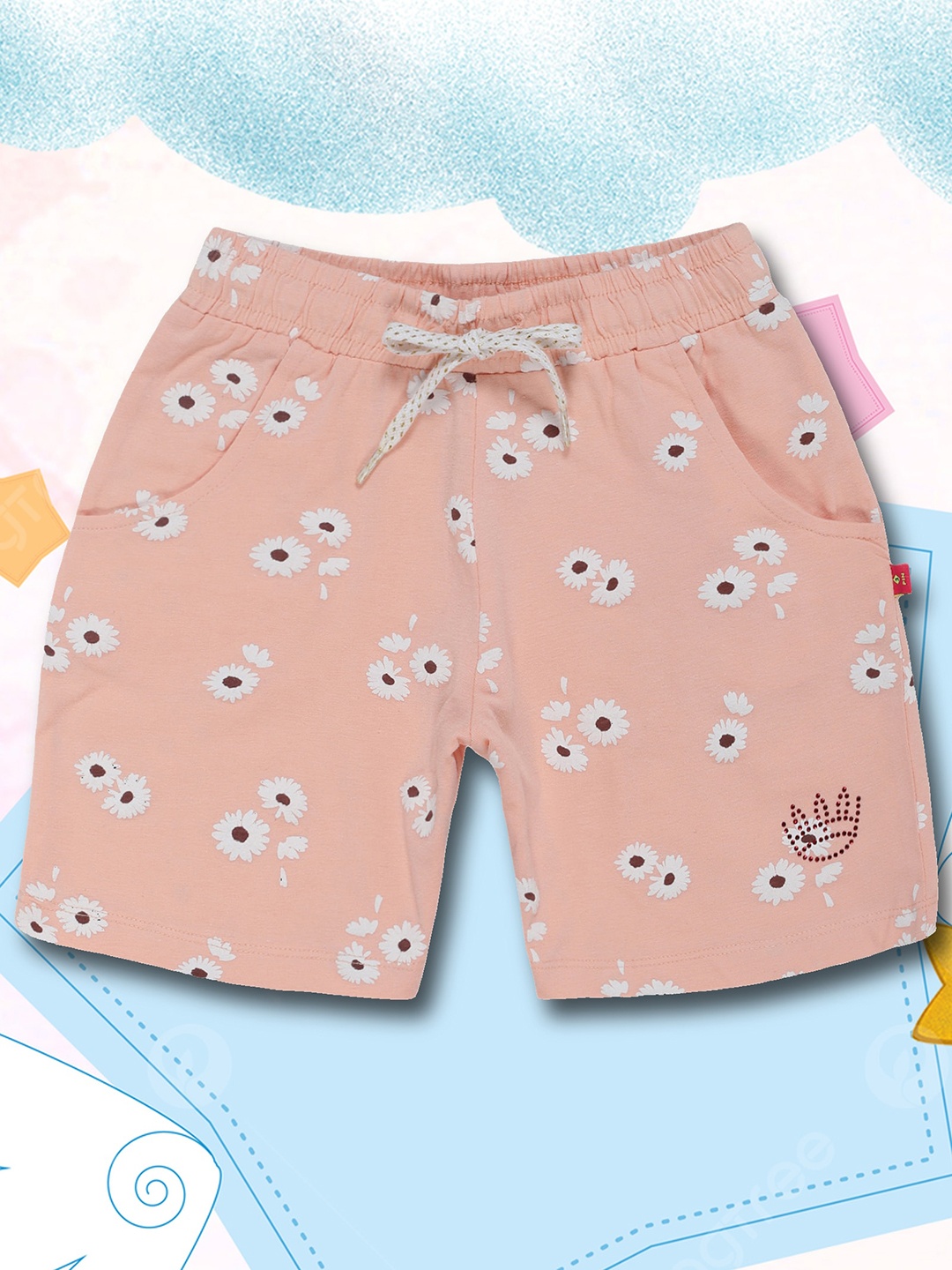 

3PIN Girls Conversational Printed Cotton Shorts, Peach