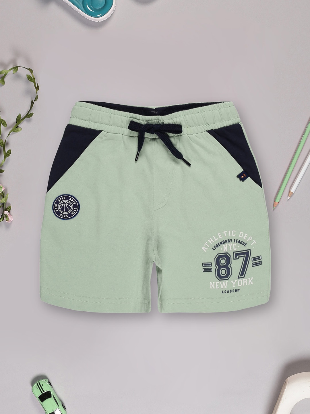 

3PIN Boys Typography Printed Cotton Shorts, Green