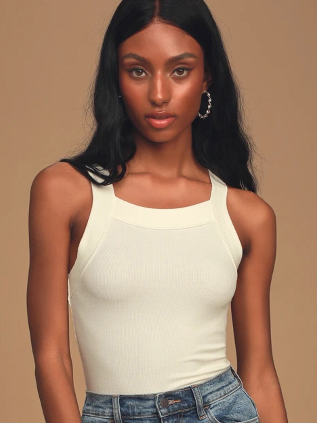 

Styched Square Neck Tank Top, Off white