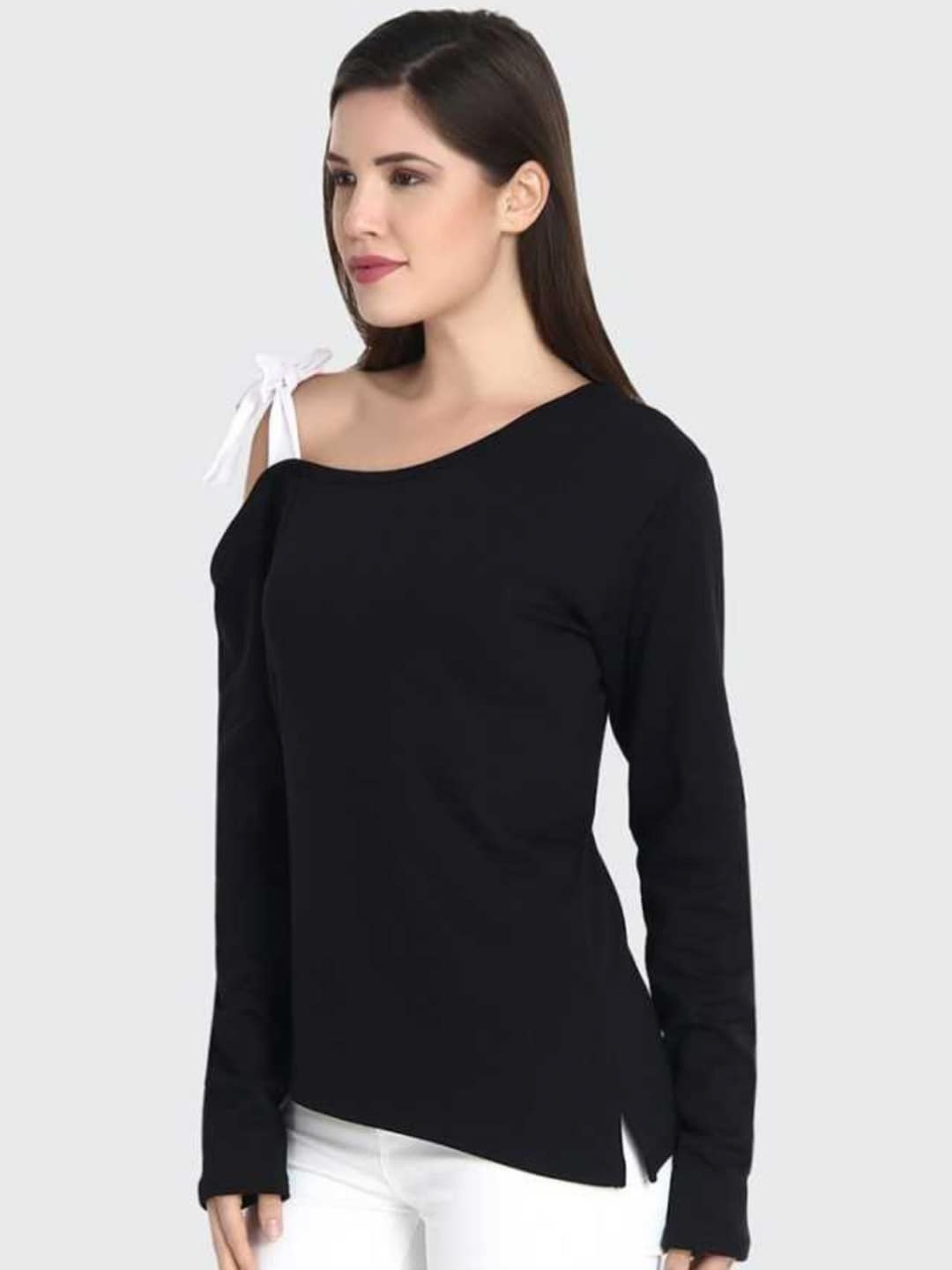 

Styched Asymmetric Neck Long Sleeves Tie-Up Detail Cotton Top, Black