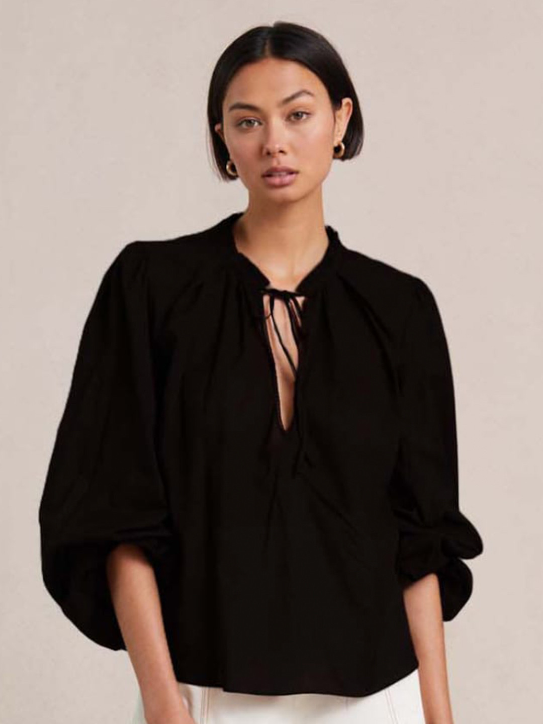 

Styched Tie-Up Neck Cotton Top, Black