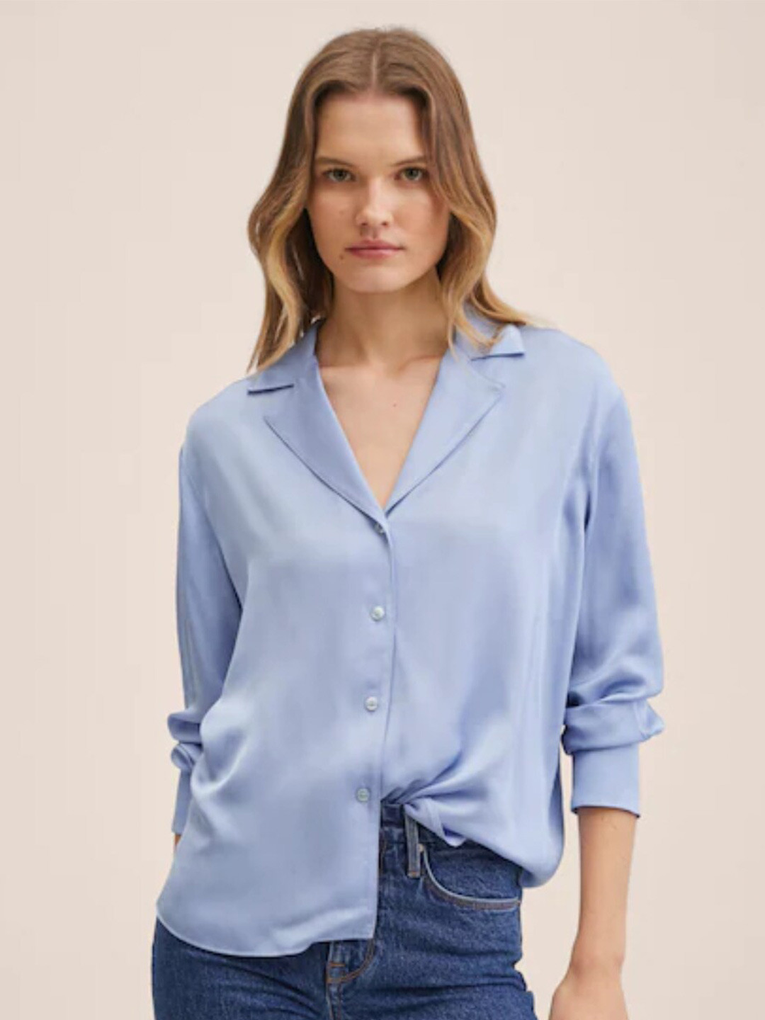 

Styched Lapel Collar Casual Cotton Shirt, Blue