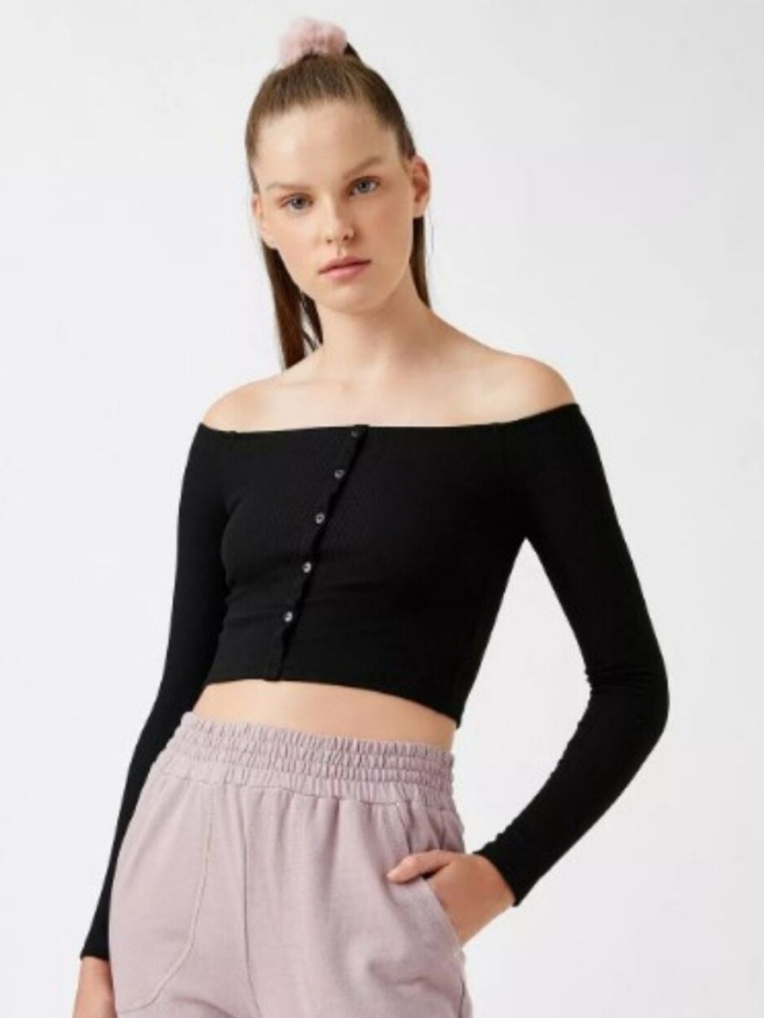 

Styched Off-Shoulder Cotton Bardot Crop Top, Black
