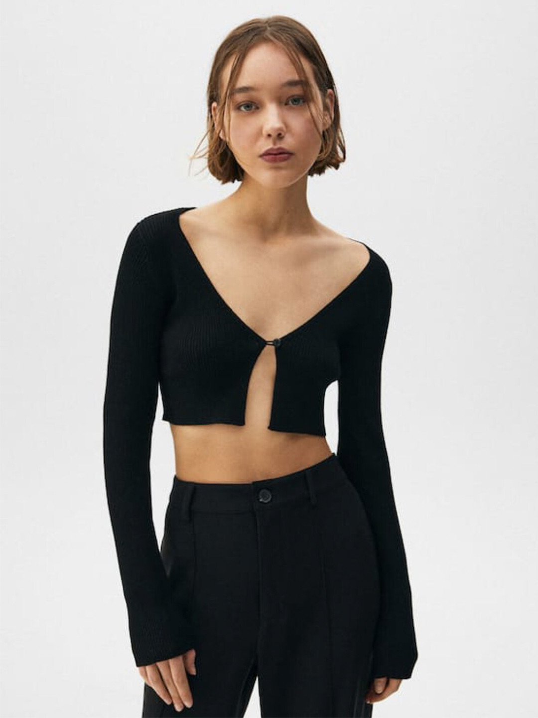 

Styched Cropped Open Front Cardigan, Black