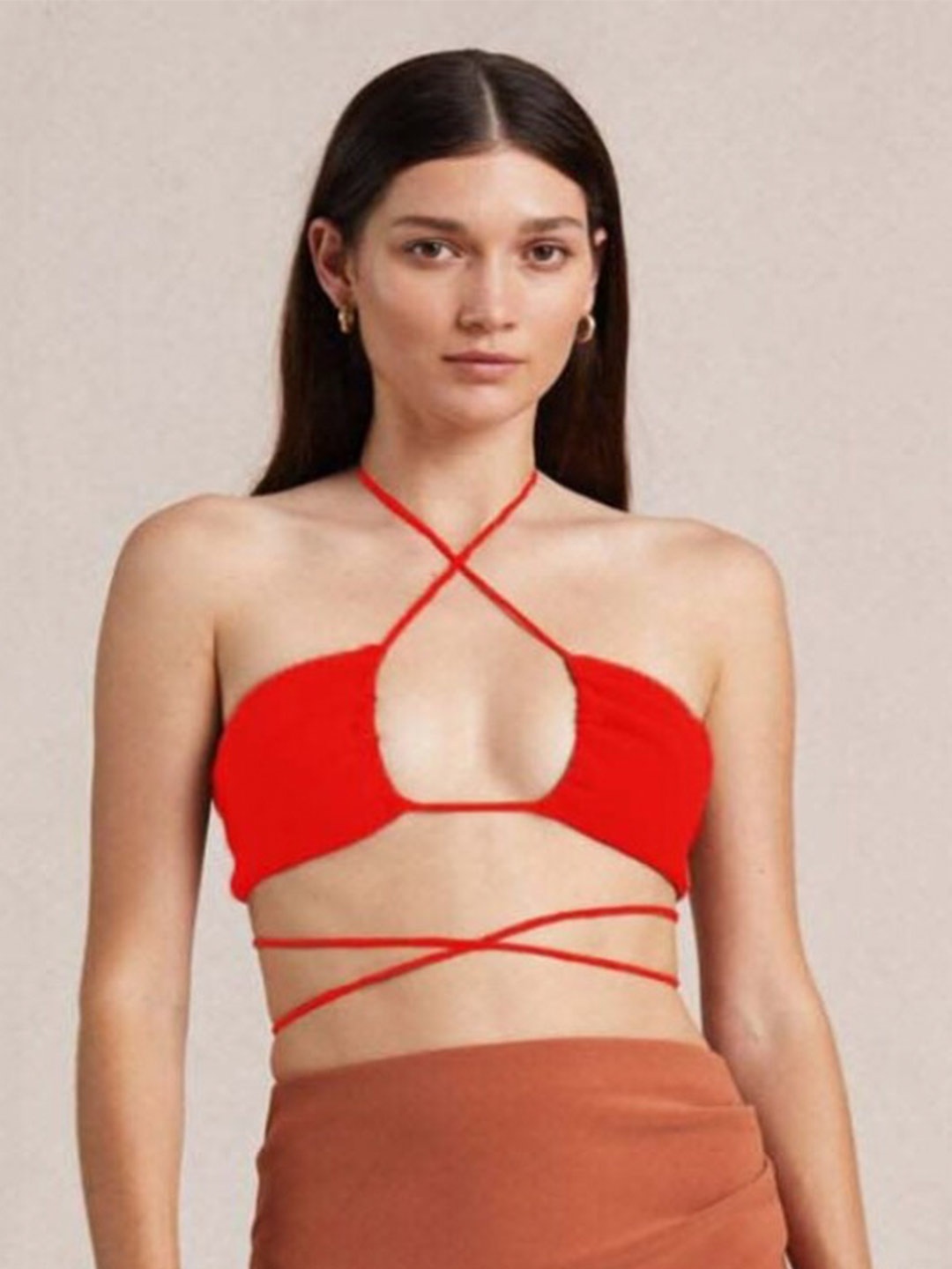 

Styched Halter Neck Cotton Bralette Crop Top, Red