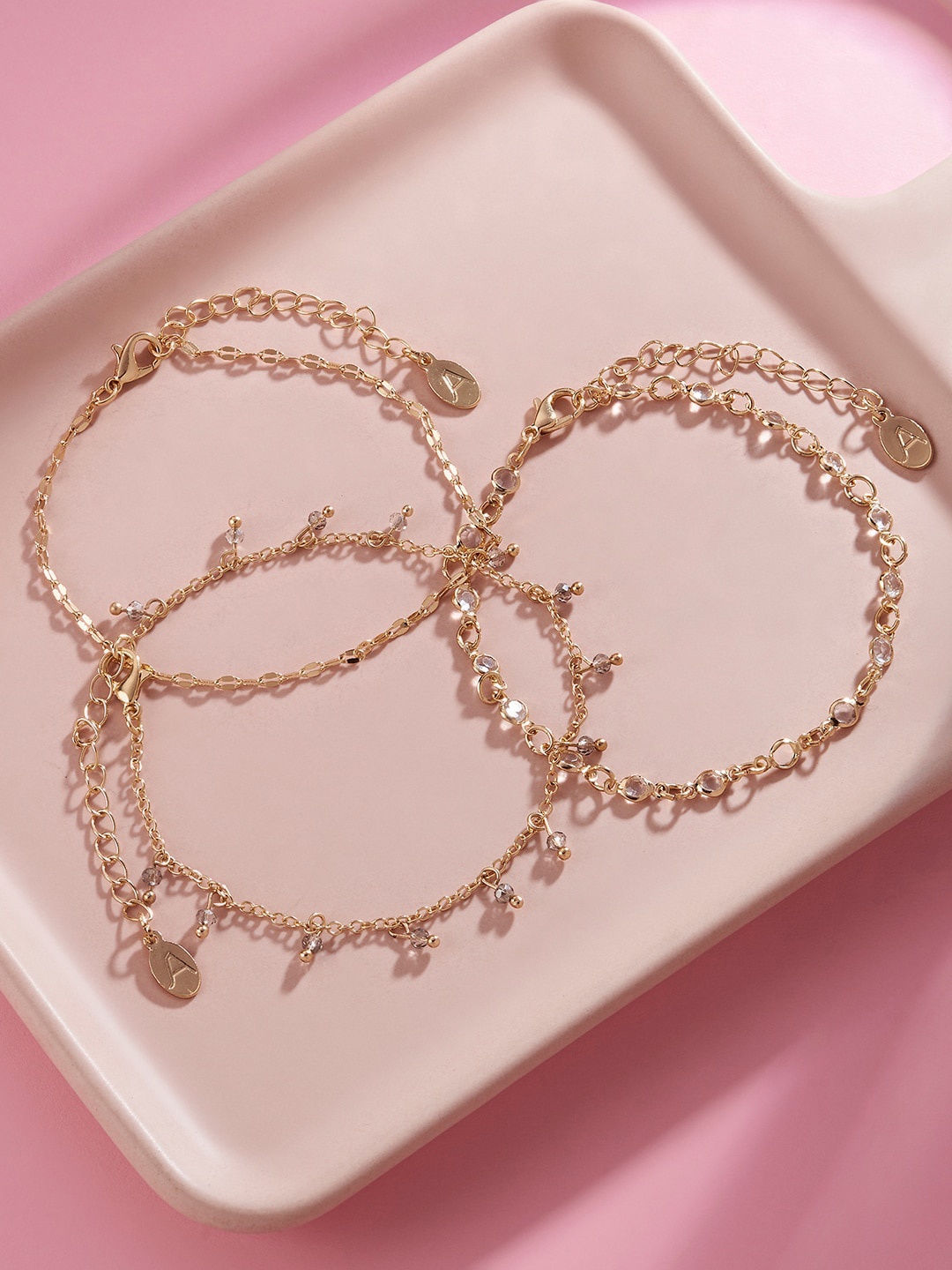 

Accessorize Set Of 3 Gold Plated Crystal-Studded & Beaded Anklets
