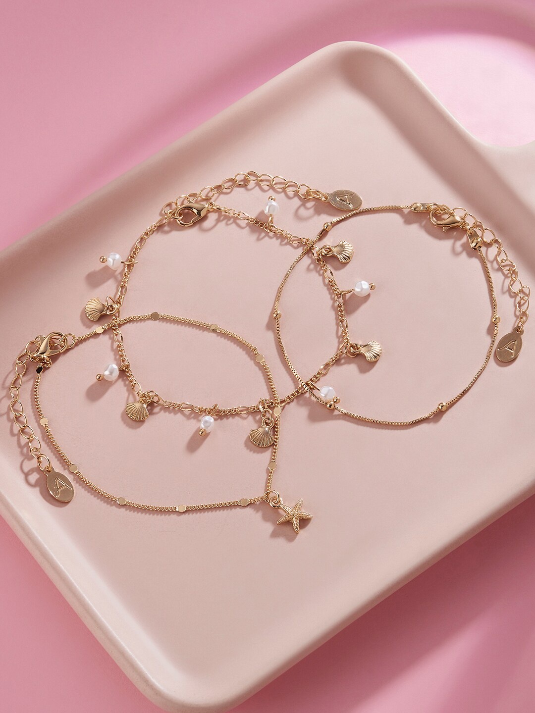 

Accessorize Set Of 3 Gold Plated Beaded & Textured Anklets