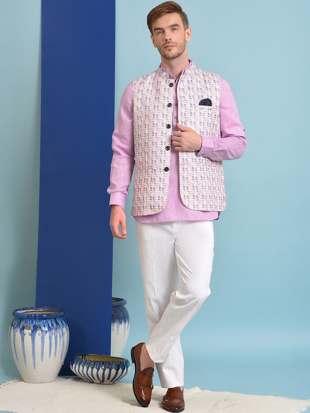 

Hangup Men 3 Pcs Shirt With Trouser & Printed Nehru Jacket Ethnic Suit, Purple