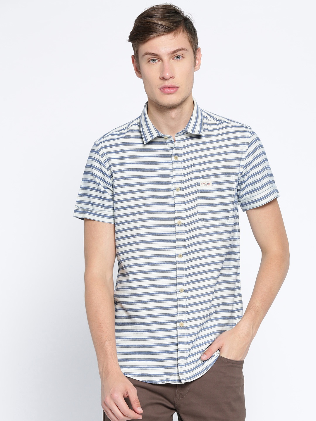 

U.S. Polo Assn. Denim Co. Men Navy Blue & Off-White Regular Fit Striped Casual Shirt