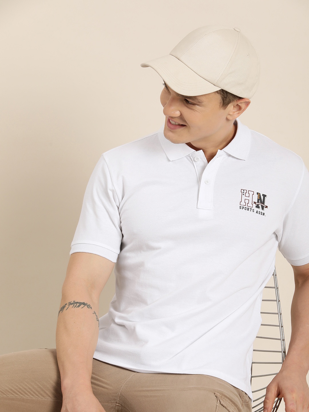 

HERE&NOW Minimal Brand Logo Printed Polo Collar Pure Cotton T-shirt, White