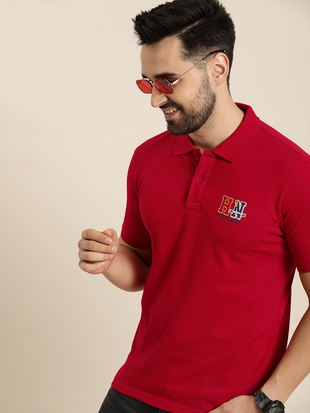 

HERE&NOW Solid Polo Collar Pure Cotton T-shirt, Red